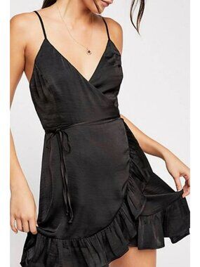 Free People Intimately Black Wrap Dress Ruffle Hem Adjustable Spaghetti Straps S